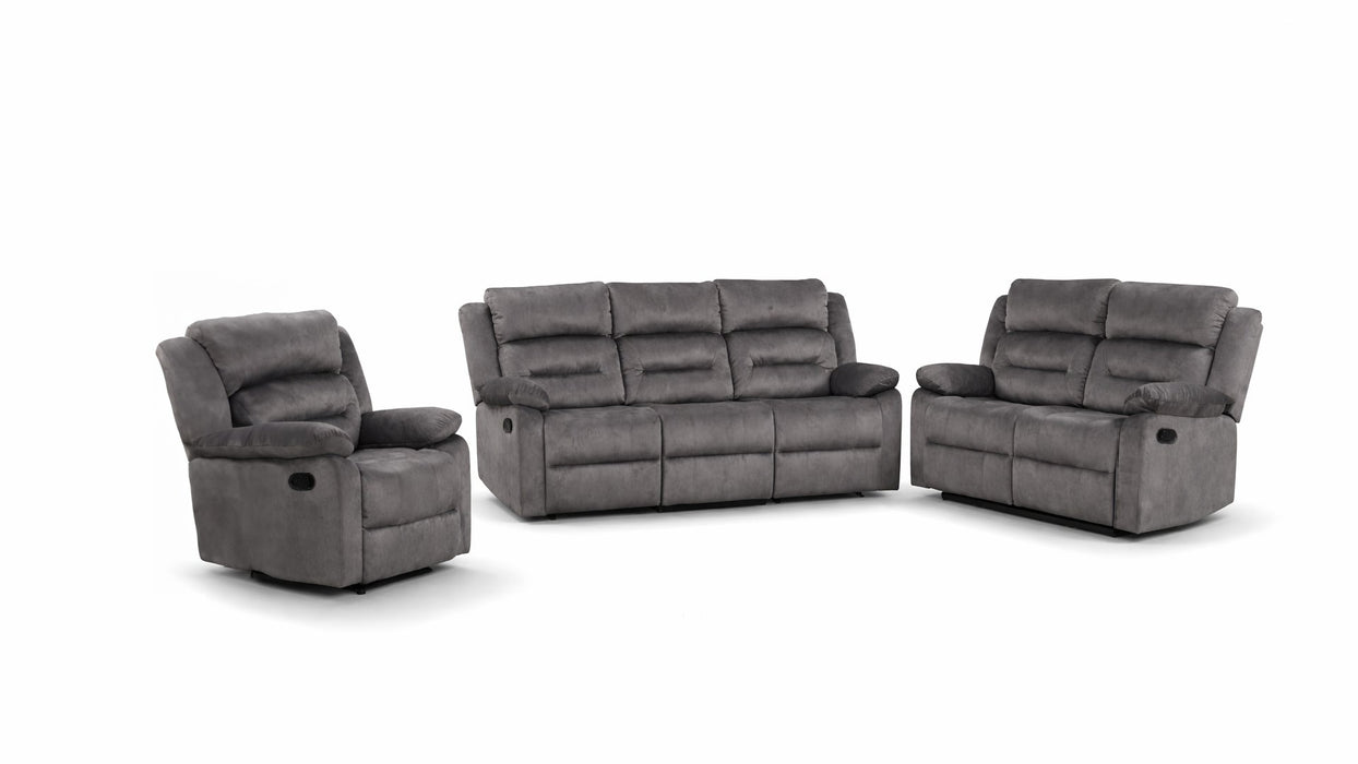 8077 Gray Fabric Reclining Sofa, Loveseat, And Chair Set