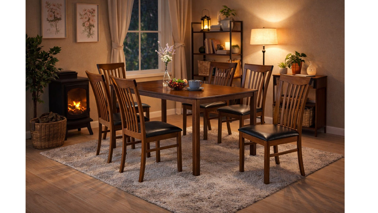 Avalon Brown Wood And Upholstered Standard Height 7pc Dining Table &