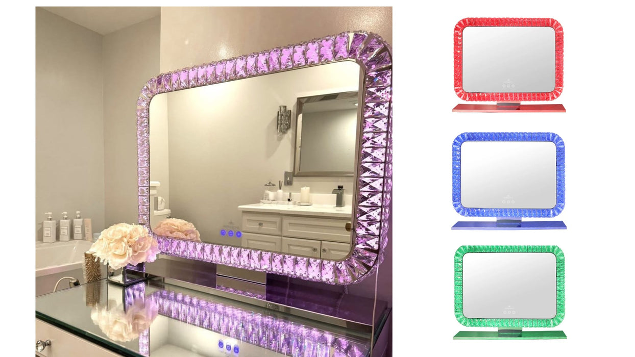 Bling vanity mirror lit in purple on a vanity, with red, blue and green light options