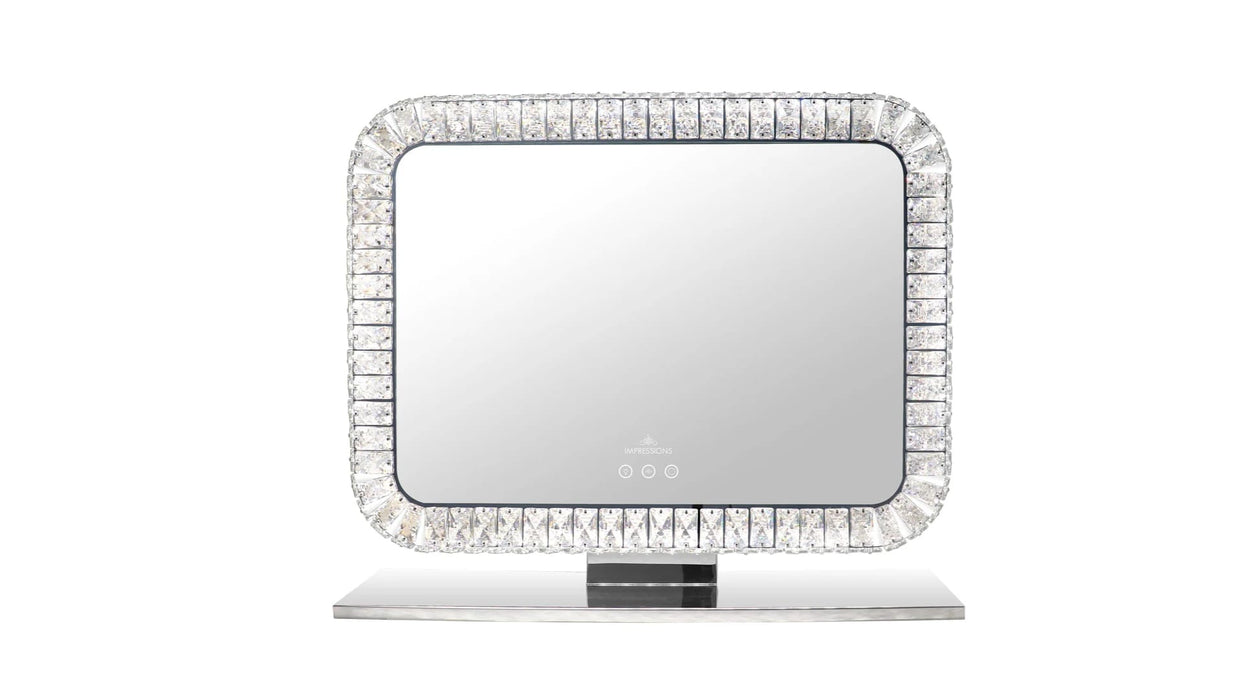 Bling landscape vanity mirror with crystal-style frame on a stand
