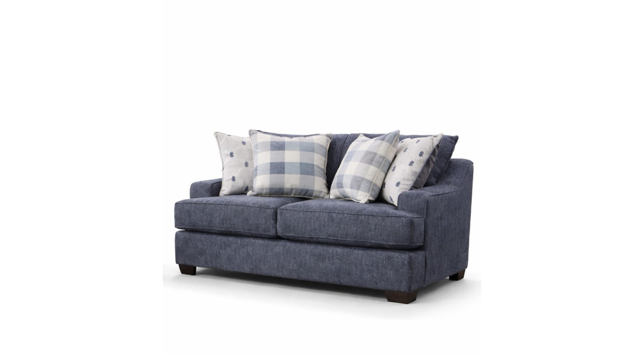 Bluesky denim blue fabric loveseat with accent pillows