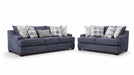 Bluesky sofa and loveseat set in denim blue fabric with plaid and dotted pillows
