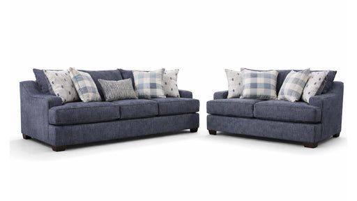 Bluesky sofa and loveseat set in denim blue fabric with plaid and dotted pillows