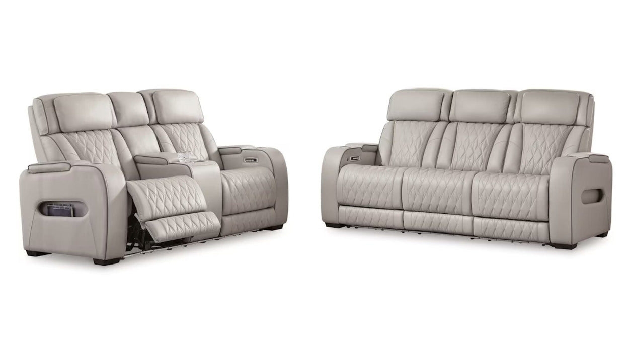 Boyington Gray Faux Leather Power Reclining Sofa & Loveseat Set