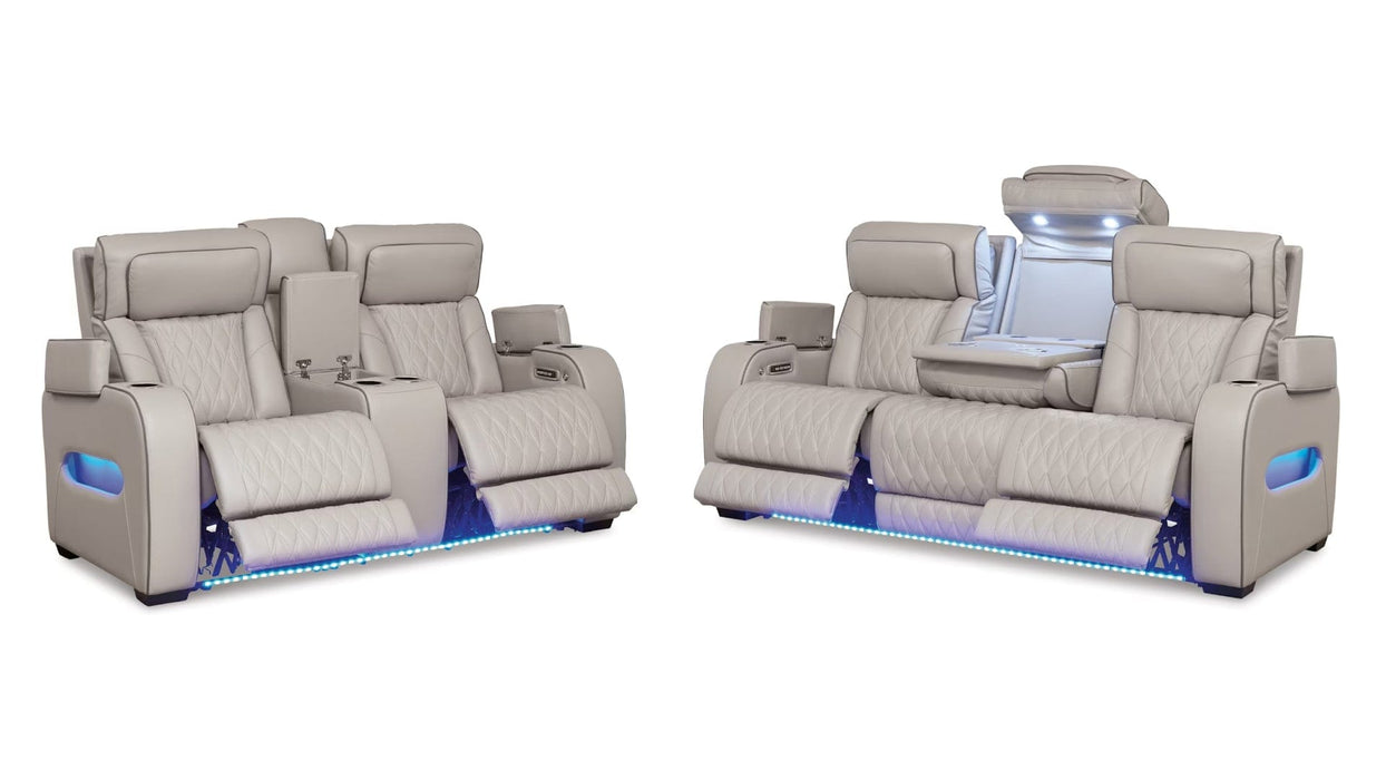 Boyington Gray Faux Leather Power Reclining Sofa & Loveseat Set