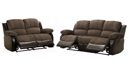 Brown Wood And Upholstered Recliner Sofa & Loveseat Set