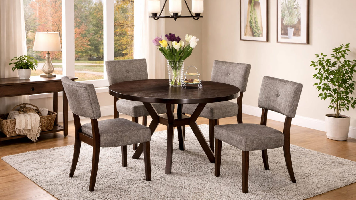 Brown Wood And Upholstered Standard Height 5pc Dining Table & Chair S