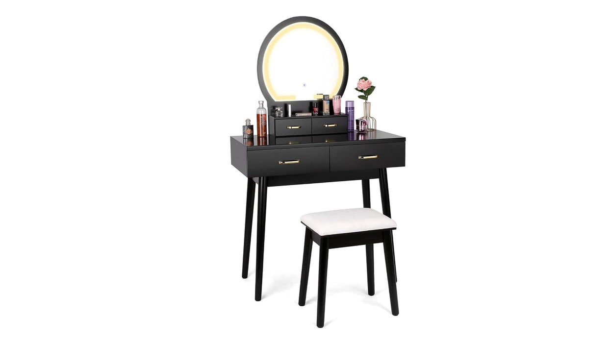 Cecilia Black Wood And Upholstered Vanity Desk And Stool