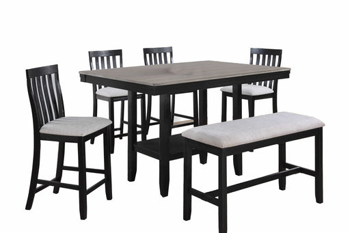 Delfin Black Wood Bar Height 6pc Dining Table, Chair & Bench Set