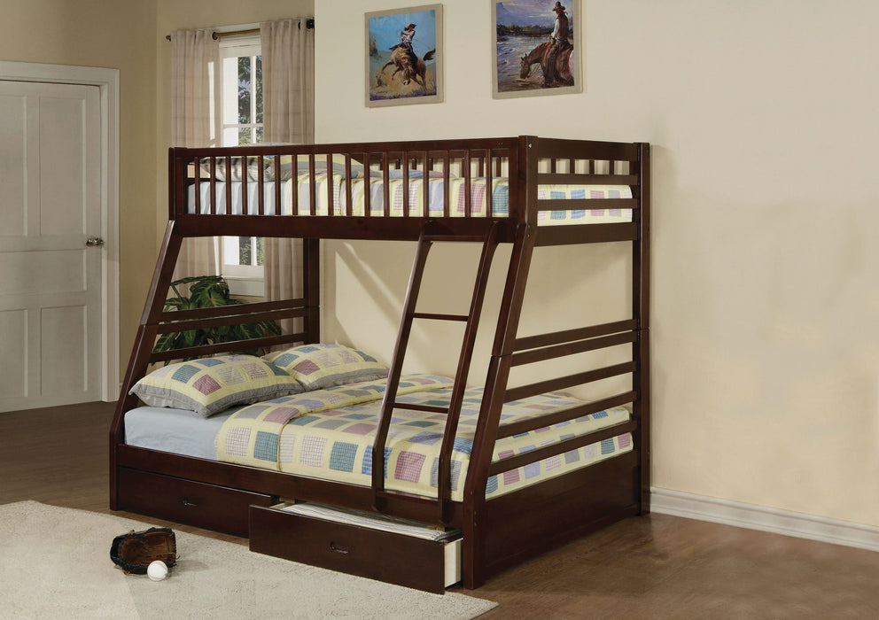 Jason Brown Wood Twin Over Full Bunk Bed & Under Bed Storage