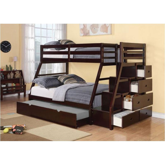 Jason Brown Wood Twin Over Full Bunk Bed with Stairway & Storage