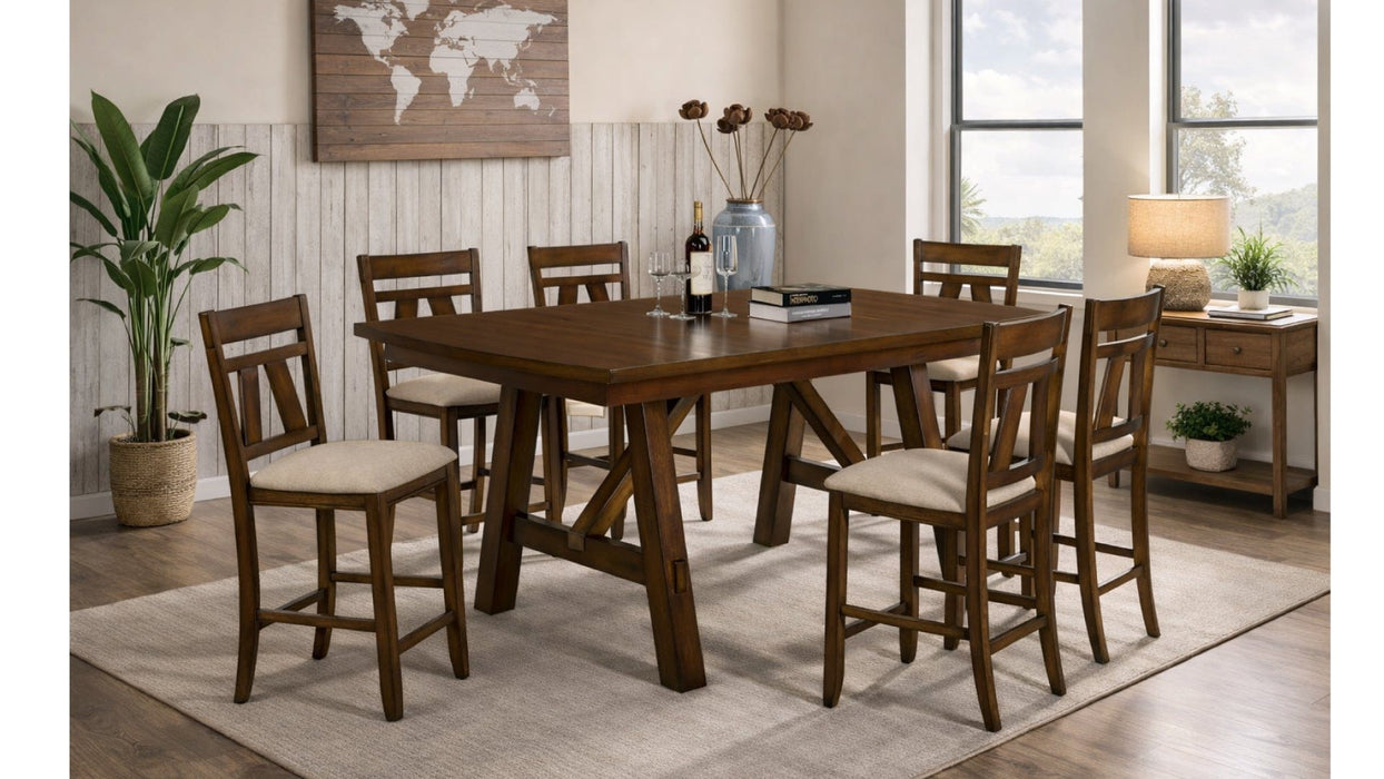 Littlefield Brown Wood And Upholstered Counter Height 7pc Dining Tabl