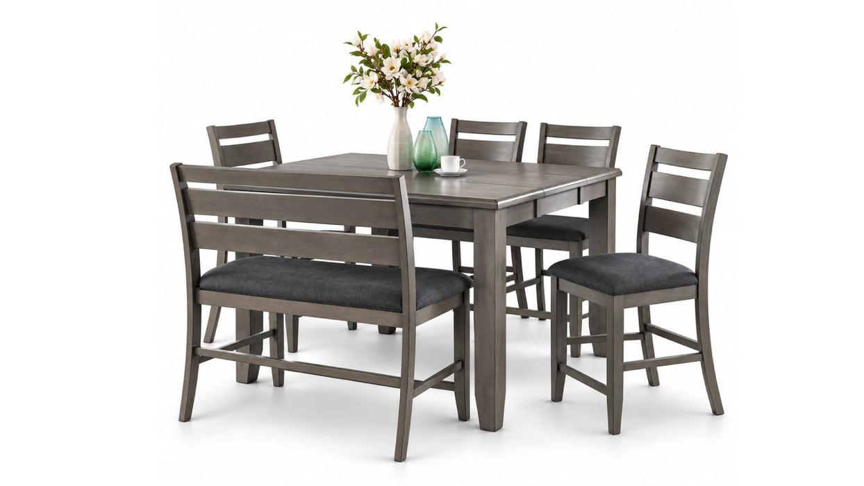 Mason Gray Wood And Upholstered Counter Height 6pc Dining Table, Chai