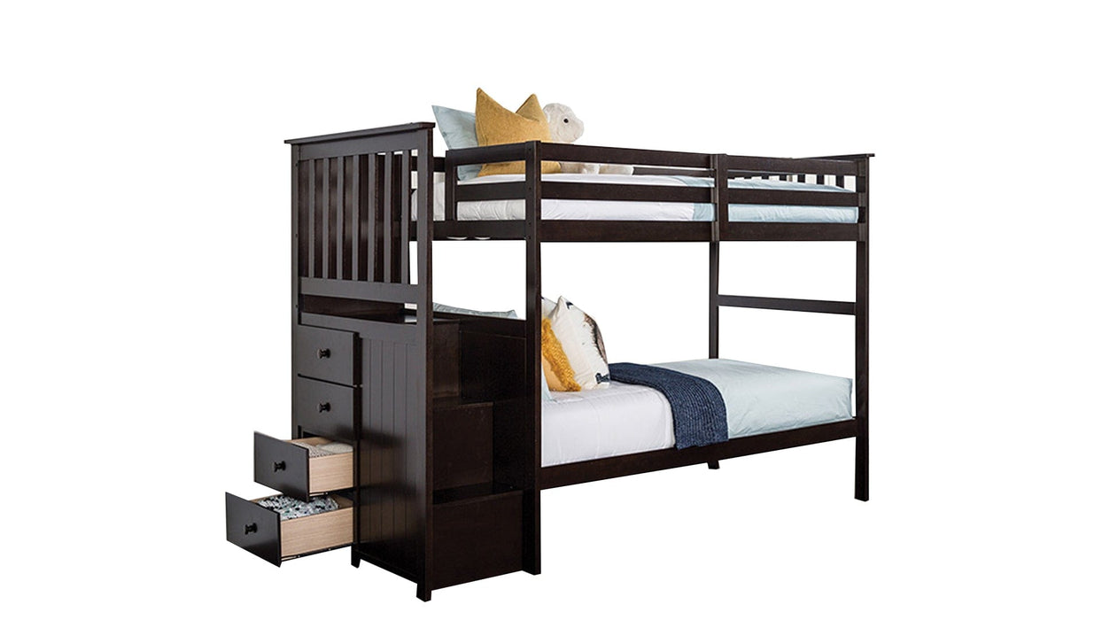 Ontario Brown Wood Twin Over Twin Bunk Bed with Stairway & Storage