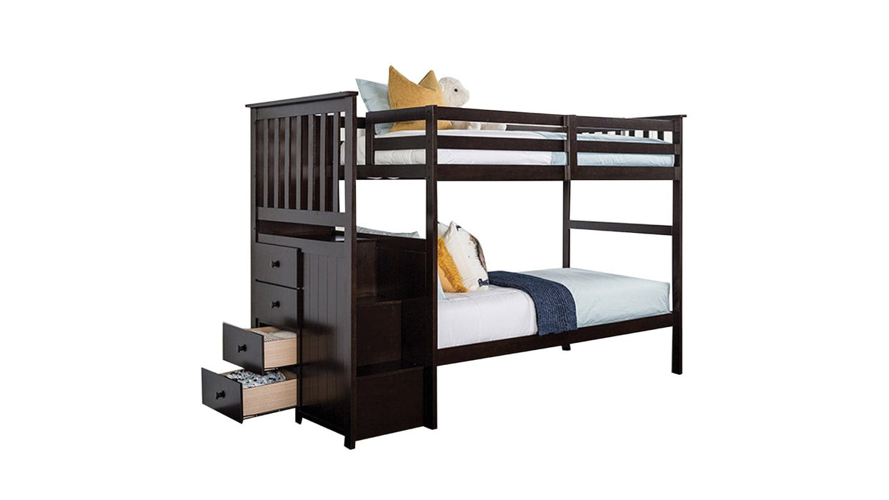 Ontario Brown Wood Twin Over Twin Bunk Bed with Stairway & Storage