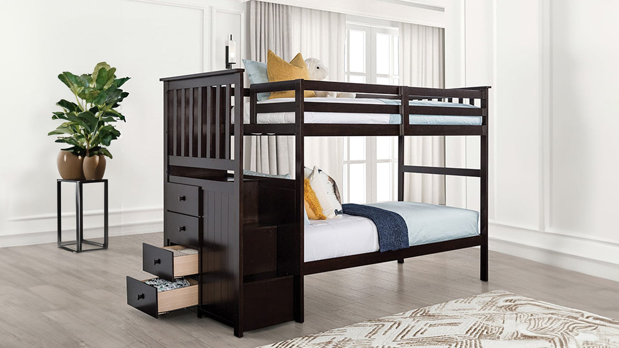 Ontario espresso bunk bed staged in a bedroom, alternate view
