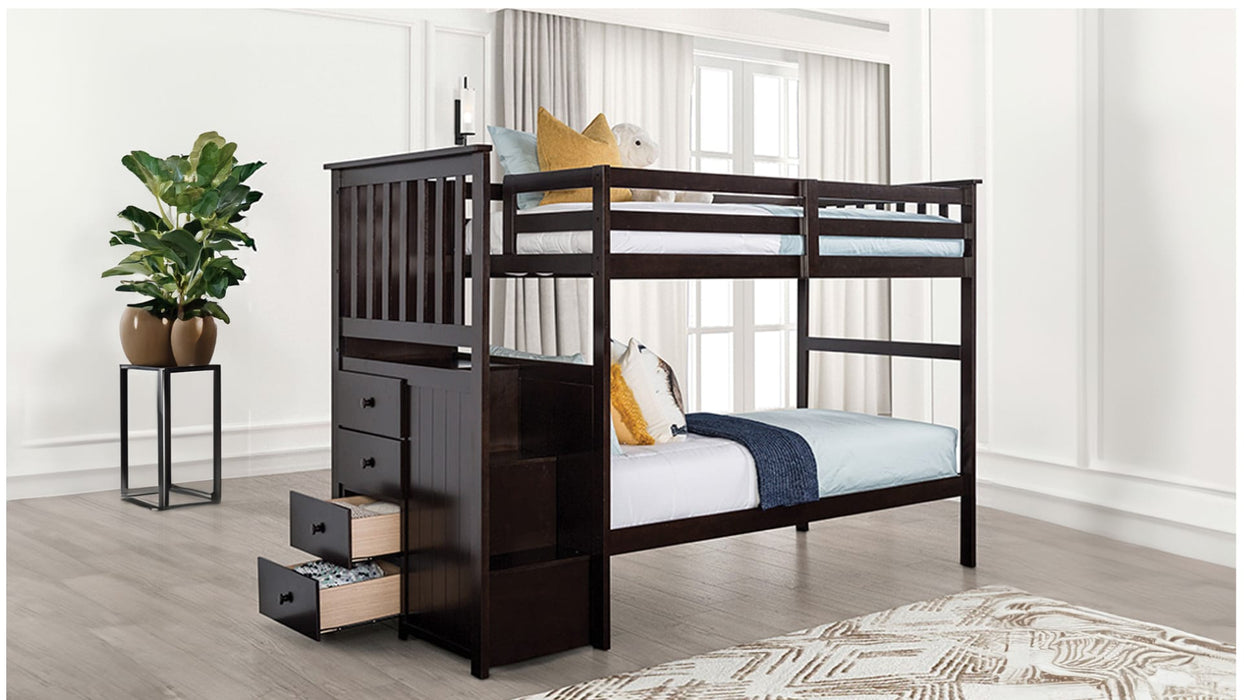Ontario espresso bunk bed with stair drawers open in a bedroom