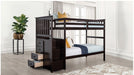 Ontario espresso bunk bed with stair drawers open in a bedroom