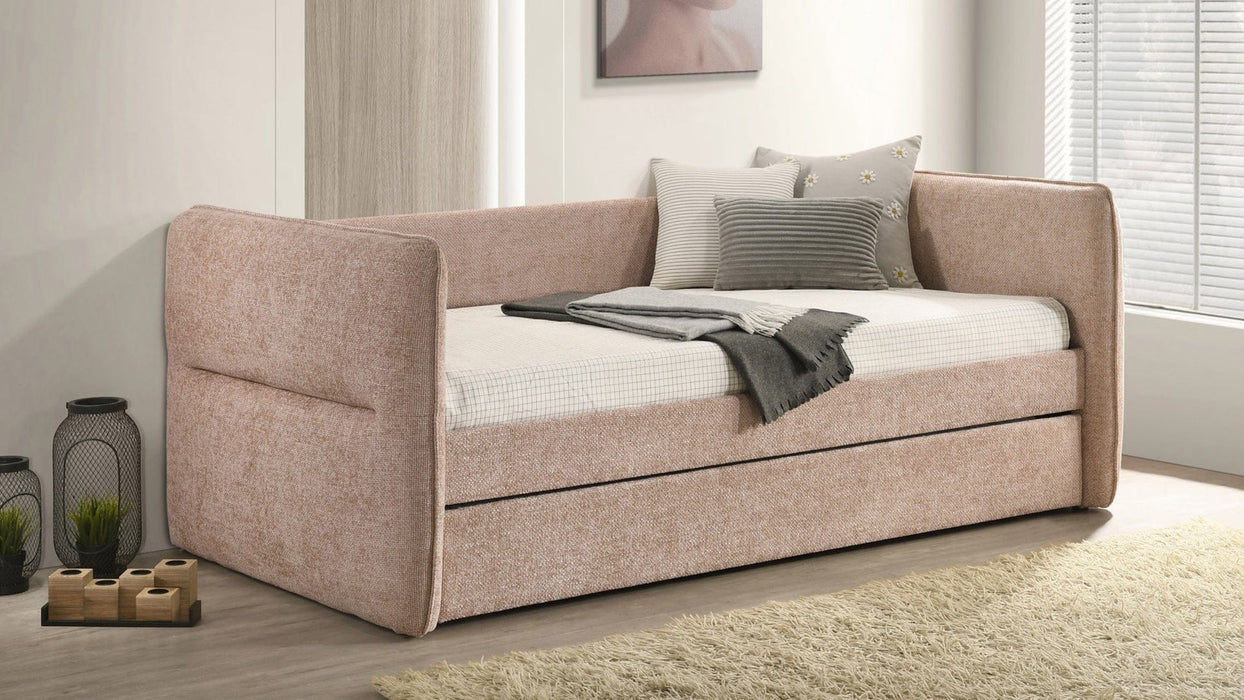 Philpa Pink Fabric Twin Over Twin Day Bed With Trundle
