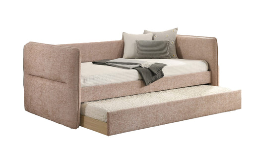 Philpa blush pink fabric twin day bed with pull-out trundle and pillows