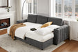 Seraphina gray sectional sleeper opened into a bed with white bedding