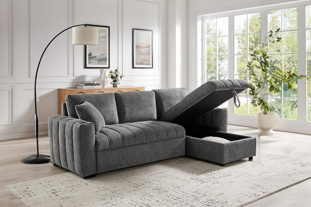Seraphina gray sectional with storage chaise lid open in a living room