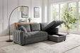 Seraphina gray sectional with storage chaise lid open in a living room