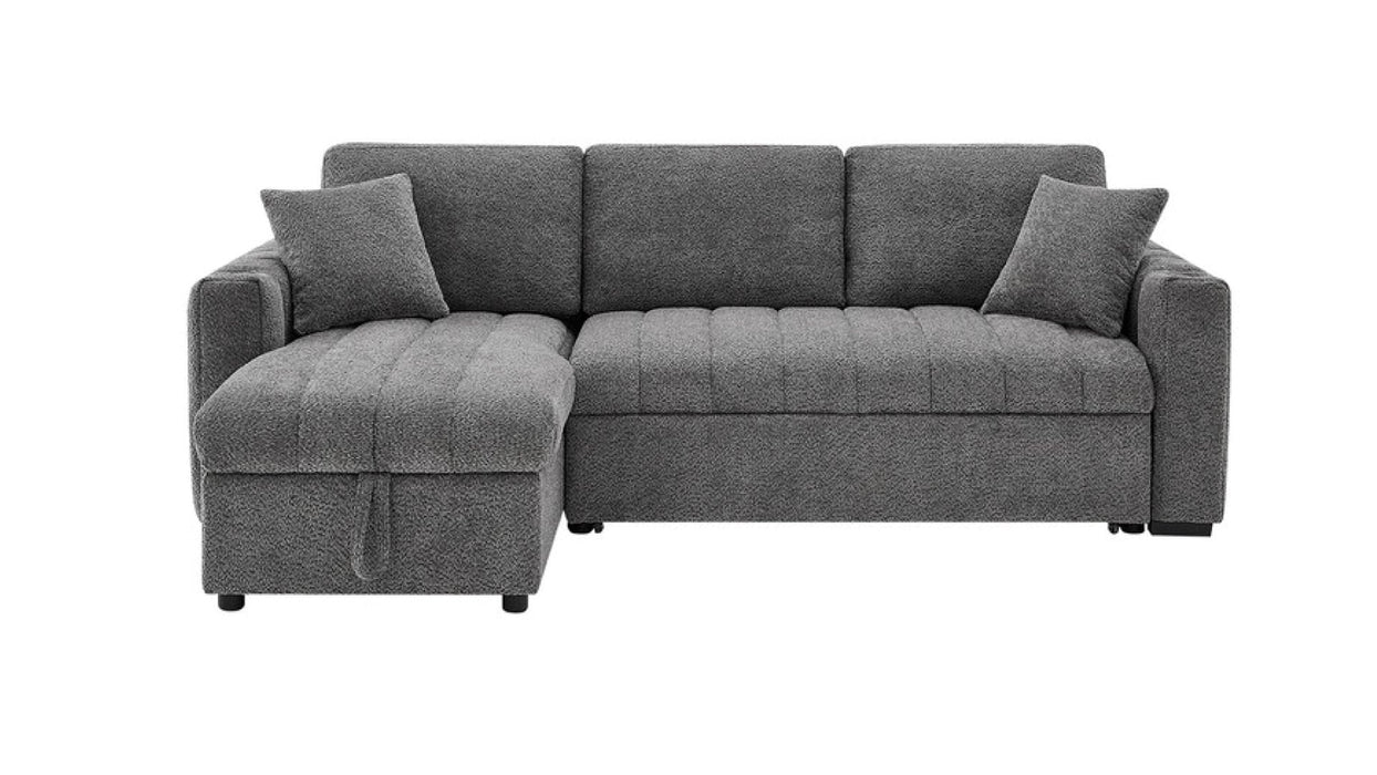 Seraphina gray sectional sleeper sofa, front view with chaise on the left