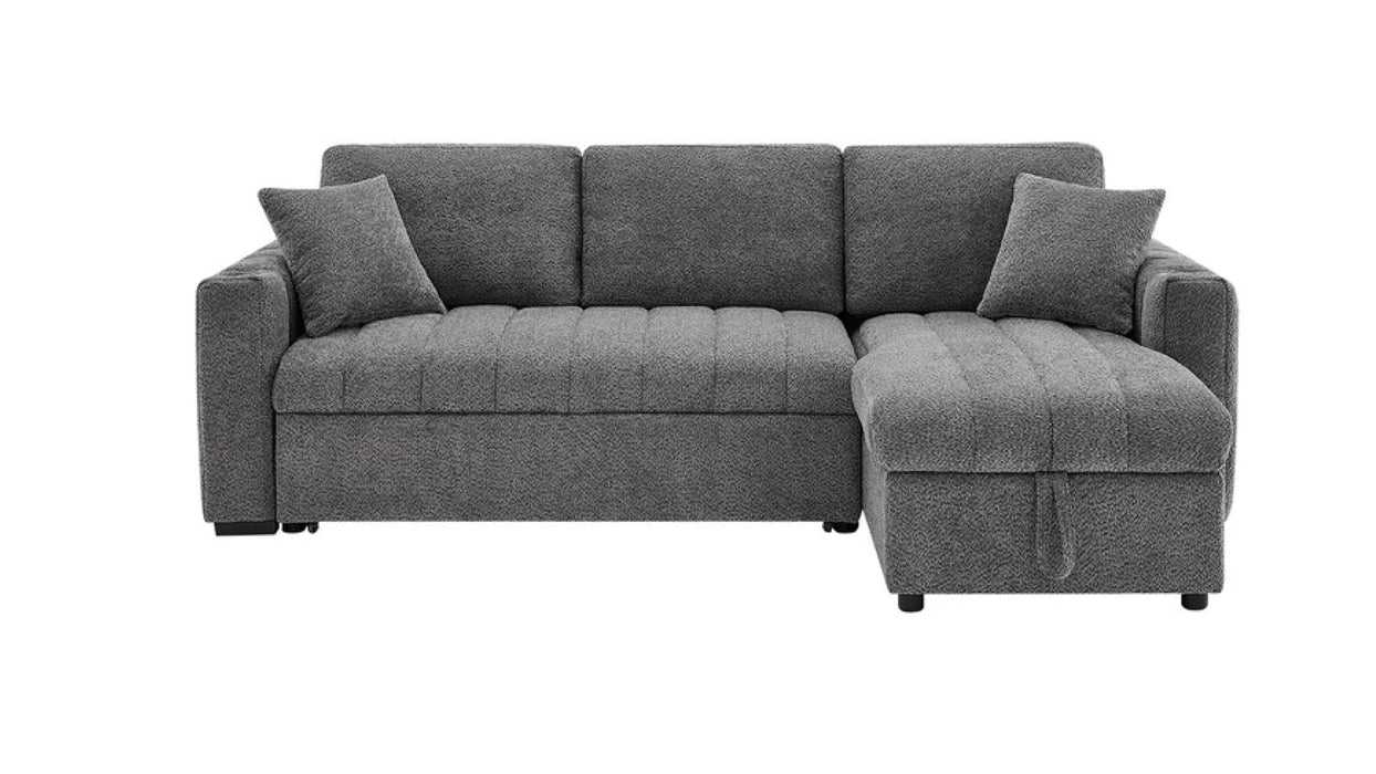 Seraphina gray sectional sleeper sofa with storage chaise and pillows