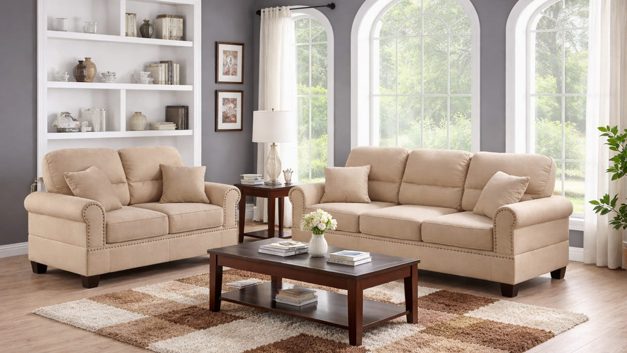 Shelton tan sofa and loveseat staged in a living room with dark wood coffee table