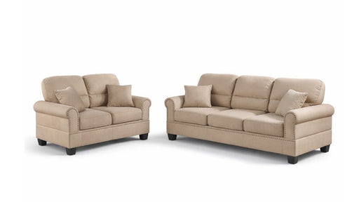 Shelton sofa and loveseat set in tan microfiber with matching pillows