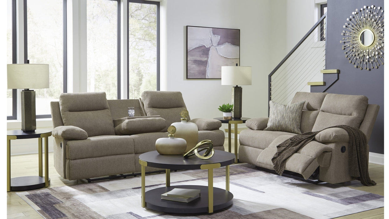 Side Swipe Brown Fabric Reclining Sofa And Loveseat Set