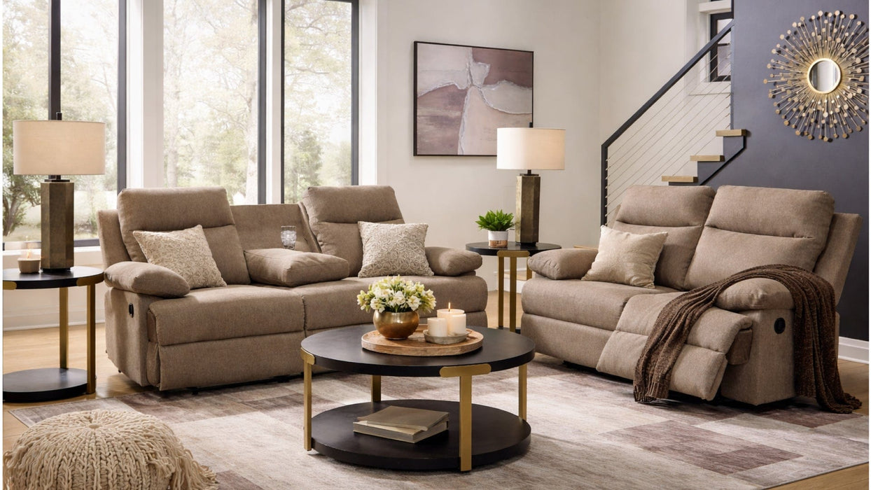 Side Swipe Brown Fabric Reclining Sofa And Loveseat Set