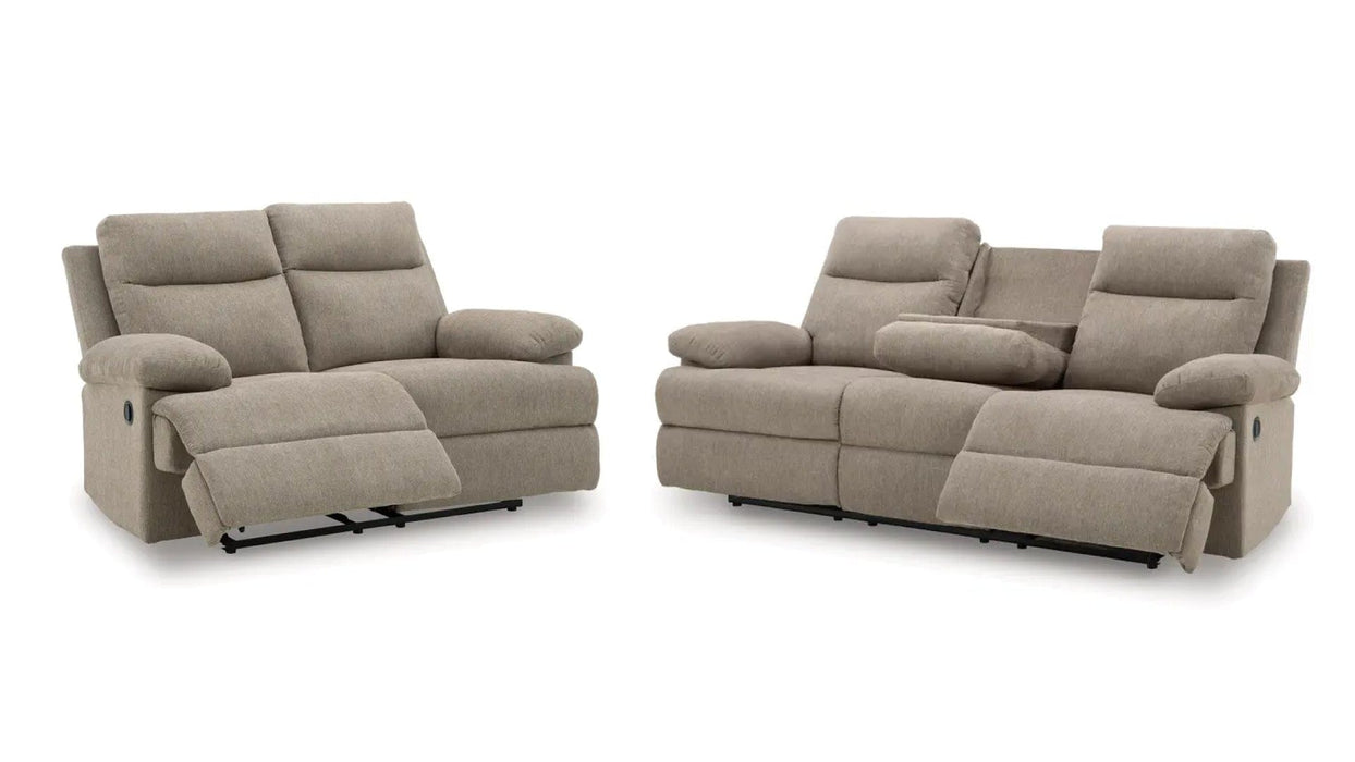Side Swipe Brown Fabric Reclining Sofa And Loveseat Set