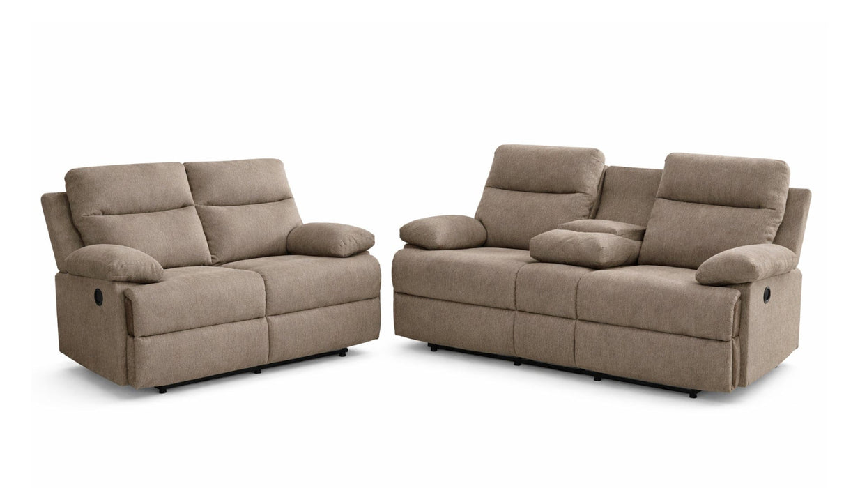 Side Swipe Brown Fabric Reclining Sofa And Loveseat Set