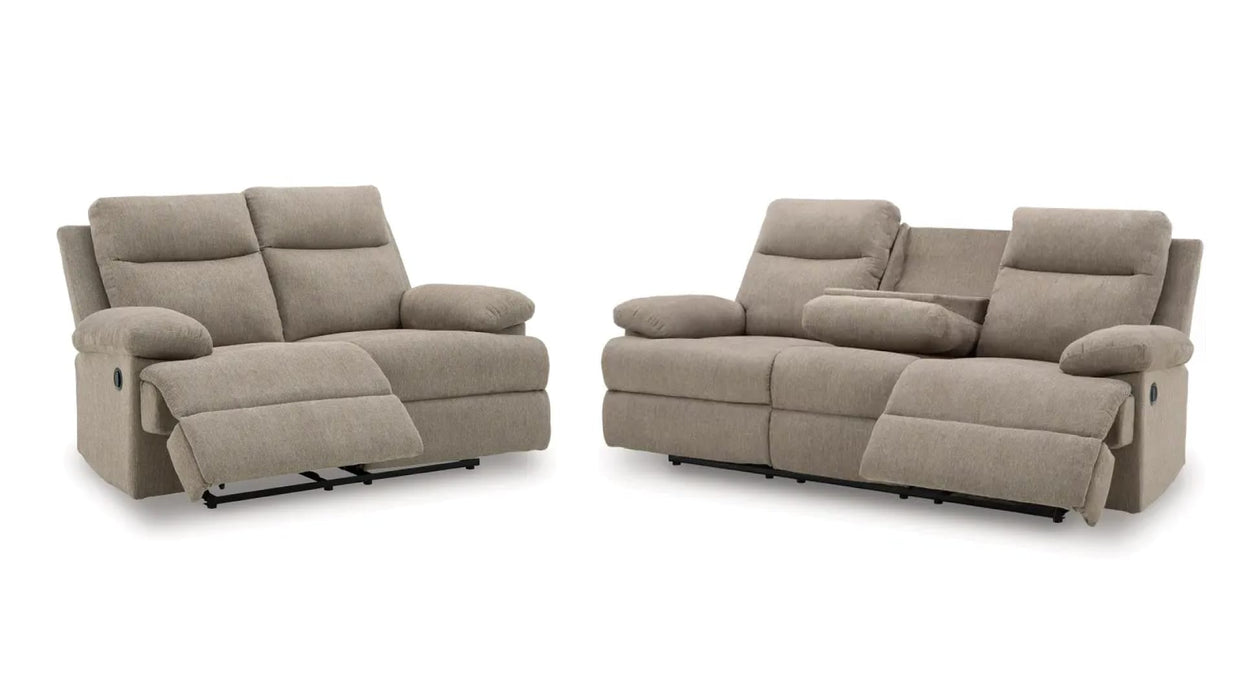 Side Swipe Brown Fabric Reclining Sofa And Loveseat Set