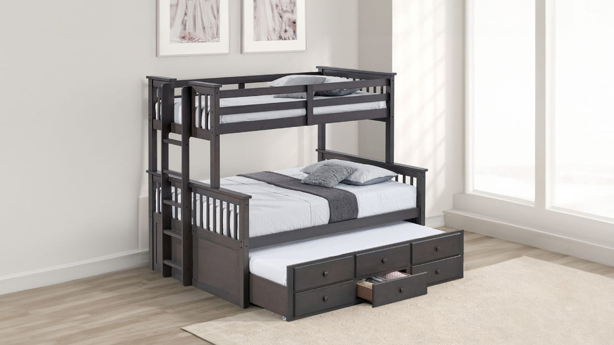 University Gray Wood Twin Over Full Bunk Bed with Trundle & Storage
