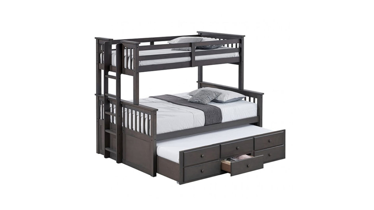University Gray Wood Twin Over Full Bunk Bed with Trundle & Storage