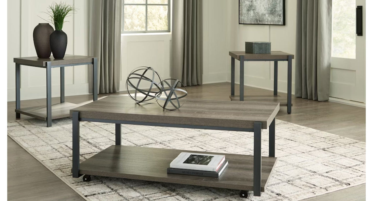 Wilmaden Brown Wood And Metal 3pc Coffee Table Set