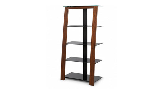 Zeta bookcase with brown wood sides and black glass shelves
