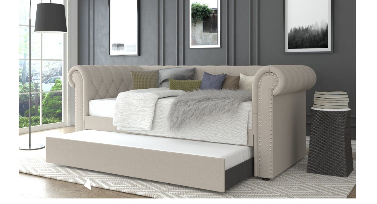 Beige Upholstered Twin Over Twin Day Bed With Trundle