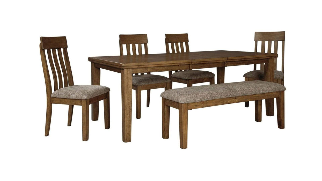 Flaybern Brown Wood Standard Height 6pc Dining Table, Chair & Bench S
