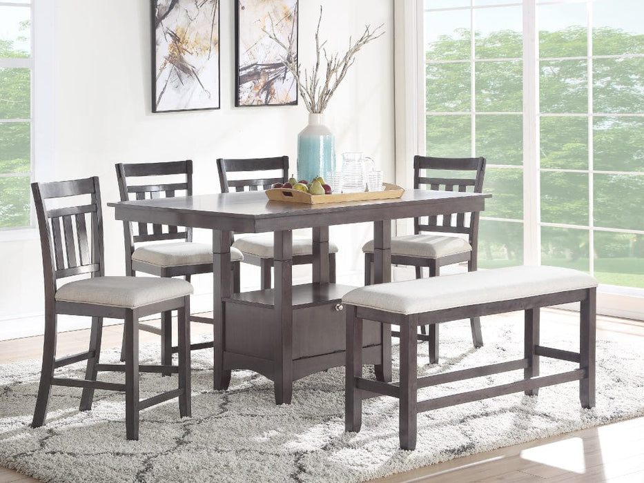 Miami Gray Wood Counter Height 6pc Dining Table, Chair & Bench Set